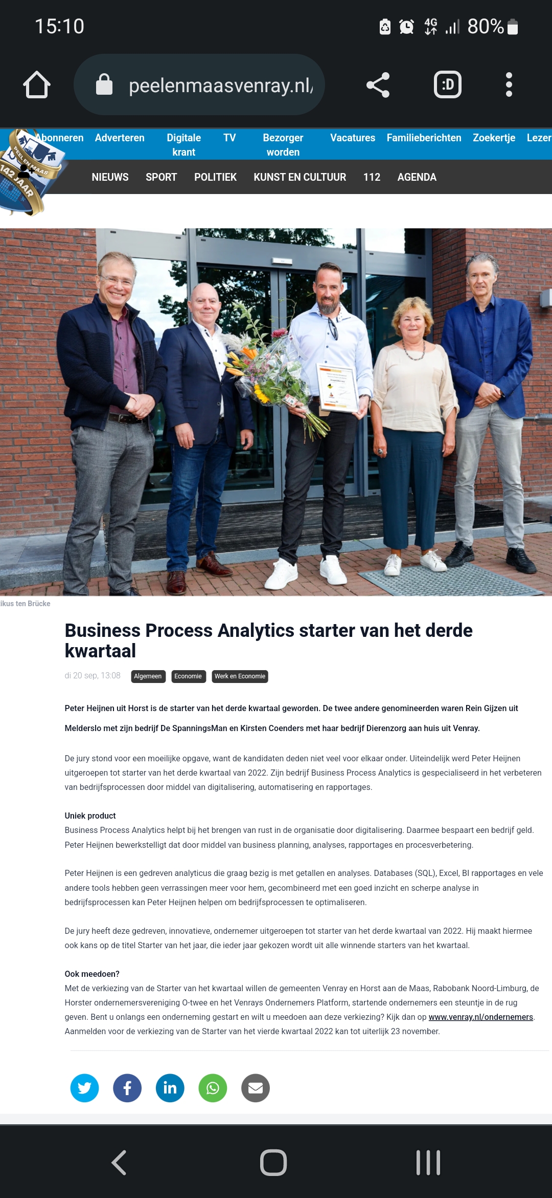 Peter Heijnen ontvangt Starter van het Kwartaal award